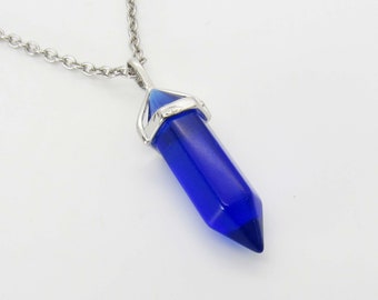 Faceted Blue Bullet Glass Pendant, Woman's Necklace, Jewelry for Women, Colored Glass Jewelry, Men's Necklace