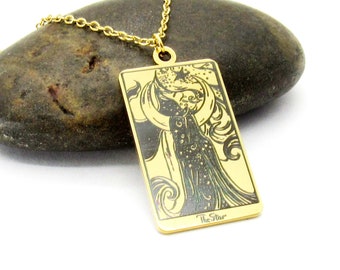 Stainless Steel Gold Plated Tarot Card Pendant, Gold Link Chain with Extension, Women's Necklace, The Star Tarot Card, Spiritual  Jewelry