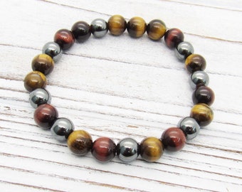 Tiger's Eye and Iron Hematite 8mm Bead Gemstone Bracelet, Fashion Bracelet, Men's Bracelet, Women's Bracelet, Men's Jewelry, Women's Jewelry