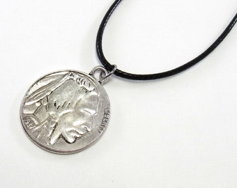 Indian Head Buffalo Coin Pendant Necklace, Antique Silver Indian Head Coin, Native American Coin, Men's Necklace, Women's Necklace