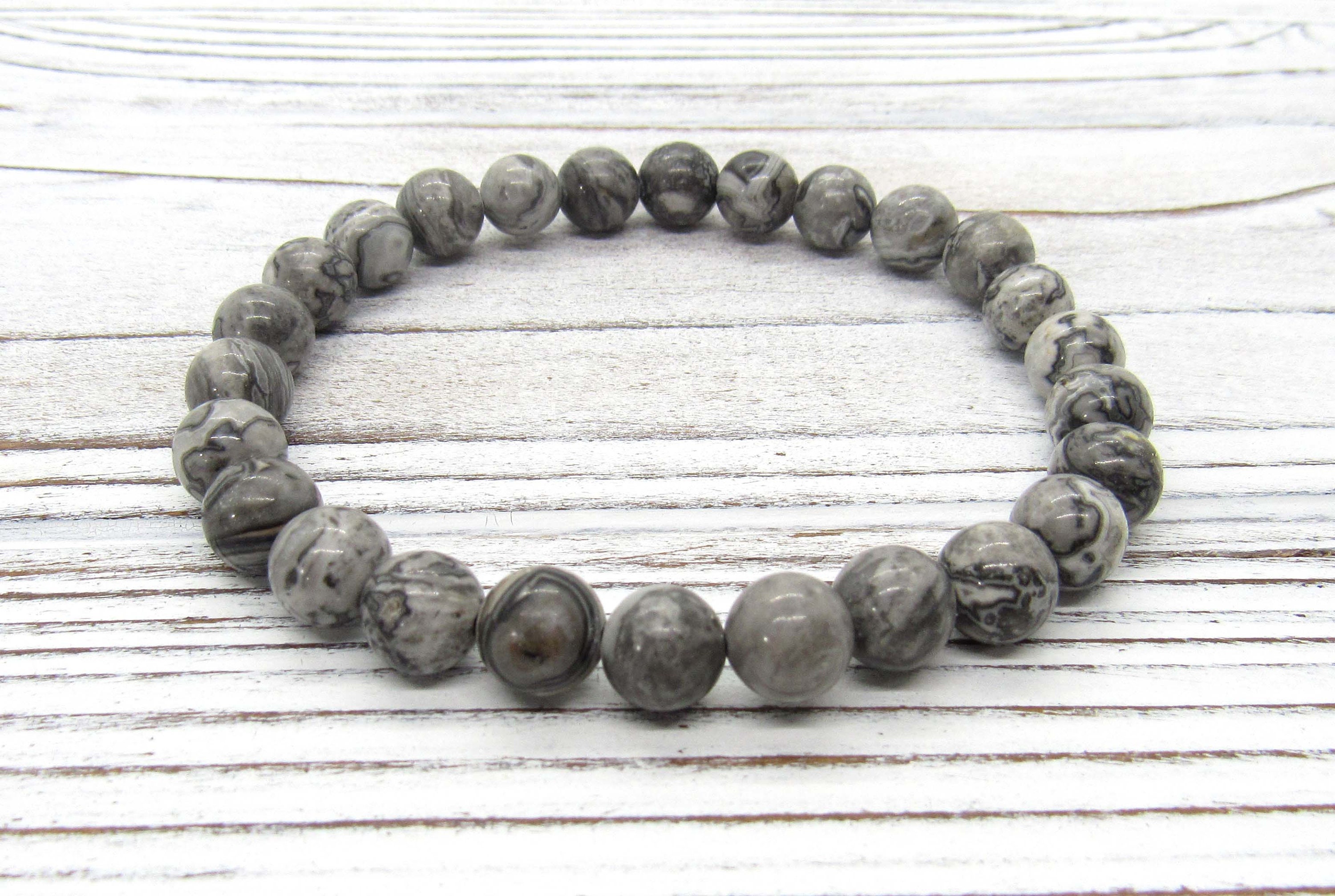 Jasper Stone 8mm Gray Beaded Bracelet, Natural Mam Stone Jasper Stone 8mm Gray Beaded Bracelet, Natural Mam Stone