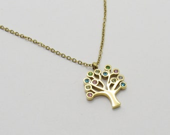 Stainless Steel Tree Charm with Rhinestone Beads Pendant, 304 Gold Plated Tree Charm, Gold Link Chain with Extension, Women's Necklace