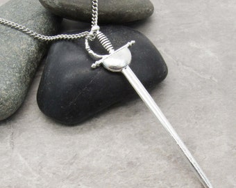 Musketeer Sword Pendant Necklace, Large Rapier Sword Pendant, Men's Necklace, Men's Jewelry, Cavalier Rapier, Renaissance Rapier Sword