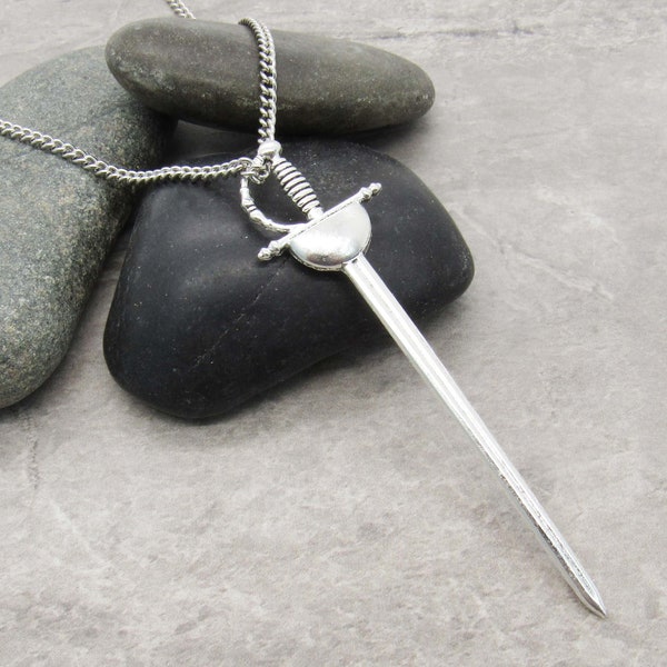 Musketeer Sword Pendant Necklace, Large Rapier Sword Pendant, Men's Necklace, Men's Jewelry, Cavalier Rapier, Renaissance Rapier Sword