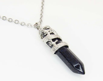 Synthetic Blue Goldstone Pendant Necklace, Stainless Steel Dragon Wrap Detail, Men's Necklace, Blue Goldstone Pendant, Woman's Necklace
