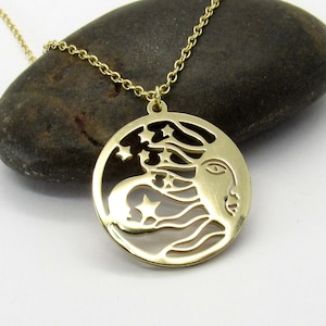 Stainless Steel Gold Plated Sun Moon and Stars Pendant, Gold Plated Link Chain, Women&#39;s Necklace, Celestial Pendant Jewelry, Men&#39;s Necklace