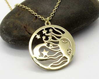 Stainless Steel Gold Plated Sun Moon and Stars Pendant, Gold Plated Link Chain, Women's Necklace, Celestial Pendant Jewelry, Men's Necklace