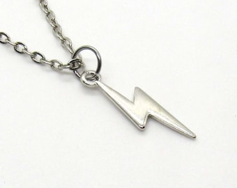 Silver Tone Lightning Bolt Charm Pendant Necklace, Men's Necklace, Celestial Jewelry, Woman's Jewelry, Thunder Bolt Charm Jewelry