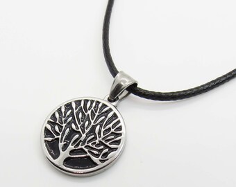 Stainless Steel Round Tree Pendant Necklace, Hypo Allergenic Jewelry, Antique Silver Tree Pendant Corded Men's Necklace, Woman's Necklace