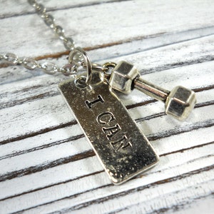 Dumbbell Pendant with I CAN tag, Antique Silver Tone, Gym Fitness Inspirational Necklace, Men&#39;s Necklace, Gift for Men, Women&#39;s Necklace