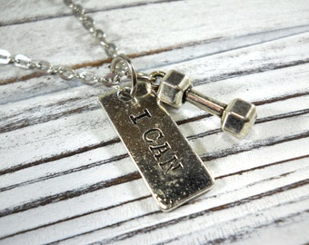 Dumbbell Pendant with I CAN tag, Antique Silver Tone, Gym Fitness Inspirational Necklace, Men's Necklace, Gift for Men, Women's Necklace