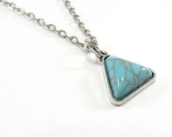 Antique Silver Tone Triangle Blue Turquoise Pendant Charm, Geometric Design Necklace, Men's Necklace, Men's Jewelry, Women's Necklace