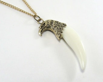 Antique Gold Tone Eagle Head Tooth Pendant, Animal Necklace, Tribal Jewelry, Men's Jewelry, Men's Necklace, Gift for Men, Women's Necklace
