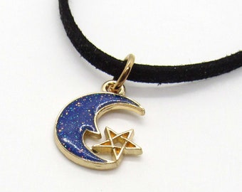 Gold Crescent Moon With Star Galaxy Pendant, Celestial Jewelry, Dk