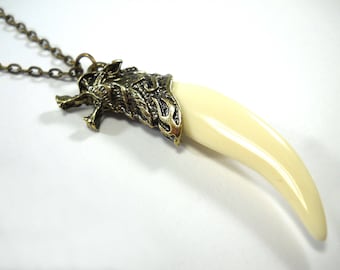 Wolf Head Resin Tooth Pendant Necklace, Animal Necklace, Wolf Necklace, Wolf Jewelry, Necklace for Men, Men's Necklace, Women's Necklace