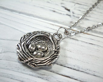 Bird Nest Pendant, Antique Silver Tone, Women's Necklace, Gift for Women, Antique Silver Tone Chain, Faux Leather Cord, Suede Leather Cord