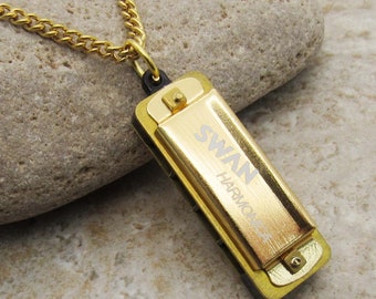 Mini Antique Gold Harmonica Pendant Necklace, Men's Necklace, Retro Harmonica Necklace, Playable Mini Harmonica Necklace, Women's Necklace