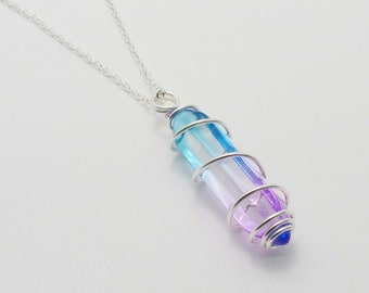 Glass Bullet Cut Aqua Purple Pendant Necklace, Wire Wrapped Glass Crystal Pendant, Men's Necklace, Women's Necklace, Rainbow Colors Pendant