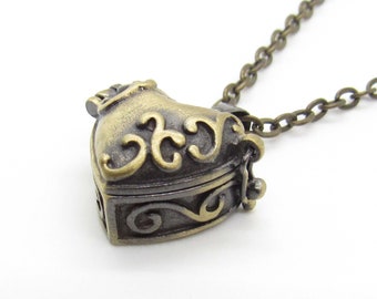 Antique Bronze Heart Wish Box with Hinged Lid, Pill Box Necklace, Heart Locket Necklace, Heart Stash Box, Gift for Women, Women's Necklace