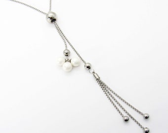 304 Stainless Steel Adjustable Slider Women's Necklace, Long Silver Tone Tassel Triple White Round Imitation Pearls, 34" Box Chain