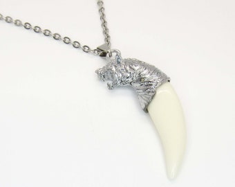Silver Color Tiger Head Resin Tooth Pendant Necklace, Animal Necklace, Men's Necklace, Tiger Tooth Pendant, Men's Jewelry, Women's Necklace