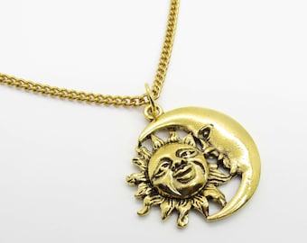 Celestial Sun Moon Gold Pendant Necklace, Sun Crescent Moon Pendant, Men's Necklace, Celestial Necklace, Woman's Necklace, Women's Jewelry