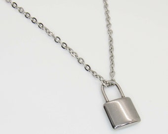 Stainless Steel Mini Lock Pendant Necklace, Men's Necklace, Silver color Paddle Lock Pendant, Gift for Men, Paddle Lock Charm Pendant