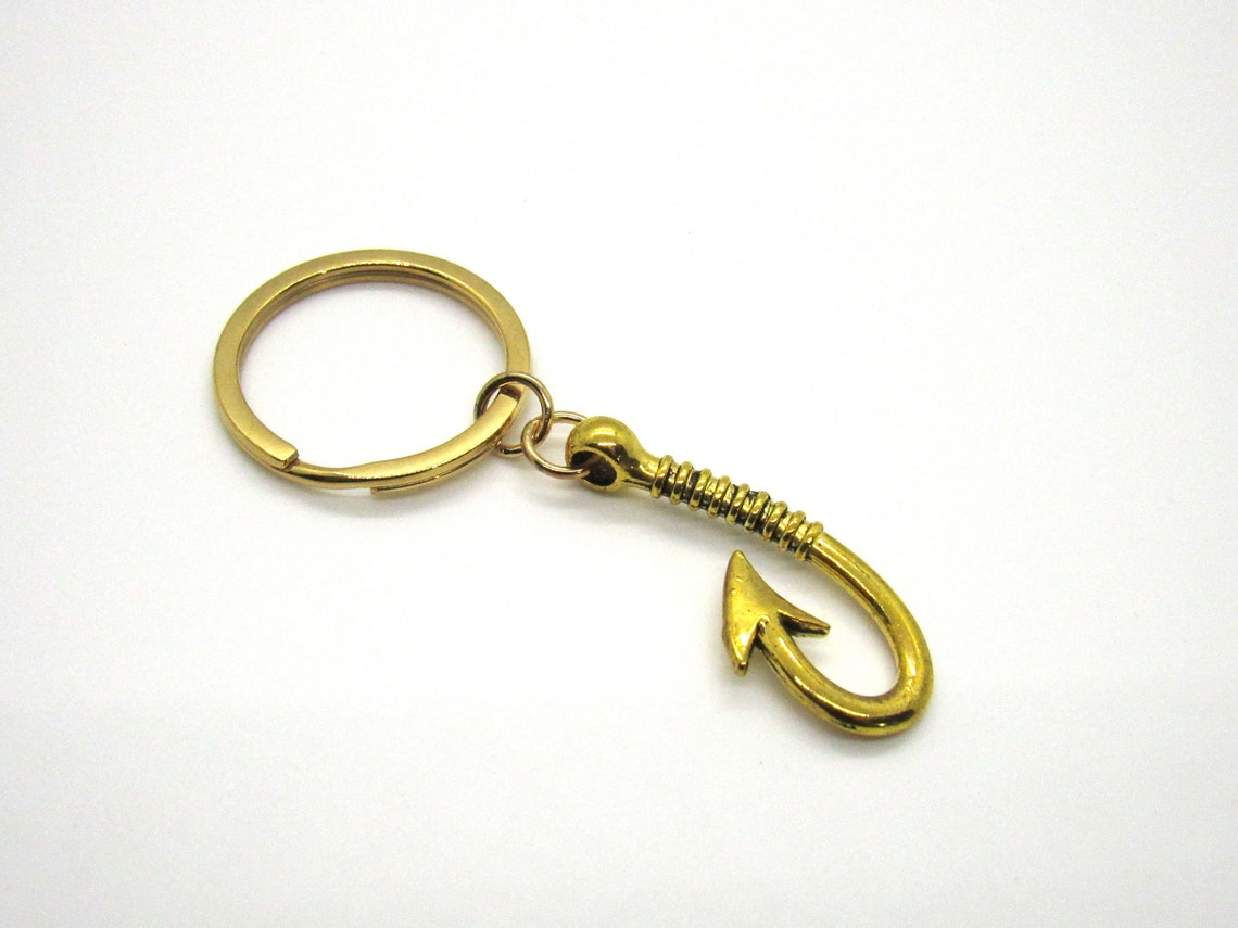 Antique Gold Tone Fish Hook Key Chain, Fish Hook Charm Key Ring, Gold ...