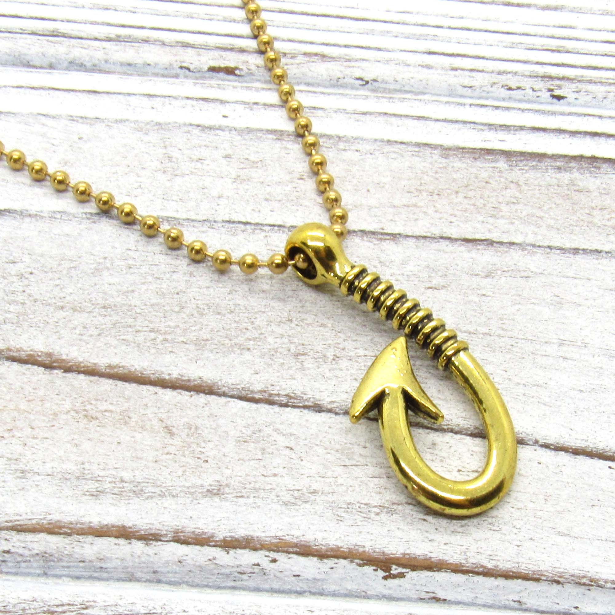 Antique Gold Tone Fish Hook Pendant Necklace, Fish Hook Charm Necklace, Fisher Jewelry, Gift for Men, Men's Jewelry, Women's Jewelry