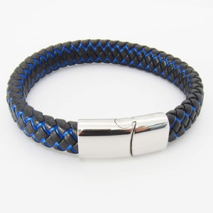 Black and Blue Braided Leather Cord Bracelet, 304 Stainless Steel Magnetic Clasp, Men&#39;s Leather Bracelet, Women&#39;s Bracelet,