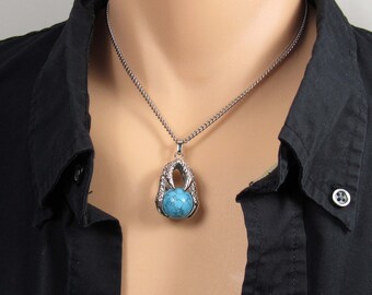 Eagle Claw Pendant with Turquoise Gemstone, Antique Silver Tone, Men's Necklace, Women's Necklace, Gemstone Pendant, Tribal Jewelry