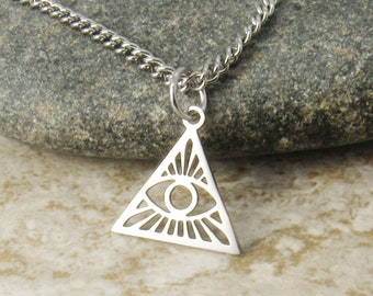 Stainless Steel All-Seeing Eye Charm Necklace, Men's Necklace, Hypo Allergenic Jewelry, Woman's Necklace, Eye of Providence Charm Necklace