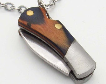 Mini Pocket Knife Pendant Necklace, Wood Handle and Stainless Steel Blade Pocket Knife, Men's Necklace, Pocket Knife Charm, Men's Jewelry