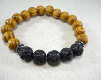 Lava Rock and Wood Bead 10mm Bracelet, Elastic Cord, Men's Bracelet, Men's Jewelry, Gift for Men, Fashion Bracelet, Women's Bracelet