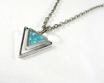 Antique Silver Tone Triangle Mint Green Opal Pendant, Geometric Design Necklace, Men's Necklace, Men's Jewelry, Women's Necklace