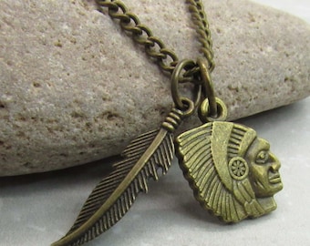 Antique Bronze Indian Chief with Feather Pendant Necklace, Tribal Jewelry, Men's Necklace, Women's Necklace, Native Necklace