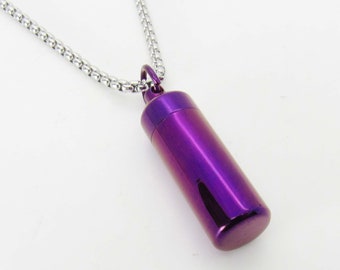 Stainless Steel Pill Bottle Necklace, Purple Pill Locket, Screw Lid, Cremation Urn Locket, Men's Necklace, Women's Necklace, Stash Locket