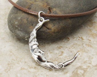 Platinum Plated Crescent Moon Charm Pendant Necklace, Men's Necklace, Celestial Jewelry, Woman's Necklace, Men's Charm Pendant Jewelry