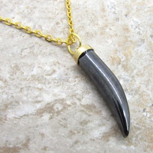 Hematite Tusk Shape Pendant Necklace, Black Gemstone, Chakra Healing Gemstone, Necklace for Men, Men&#39;s Necklace, Women&#39;s Necklace