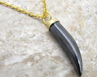 Hematite Tusk Shape Pendant Necklace, Black Gemstone, Chakra Healing Gemstone, Necklace for Men, Men's Necklace, Women's Necklace