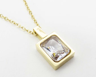 Gold Plated Stainless Steel Clear Cubic Zirconia Pendant, Gold Link Chain with Extension, Women's Necklace, Clear Gem Charm, Gift for Women