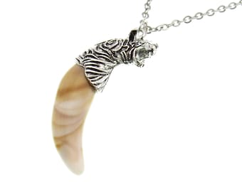Antique Silver Color Tiger Head Resin Multi Color Tooth Pendant Necklace, Animal Necklace, Men's Necklace, Resin Tiger Tooth, Men's Jewelry
