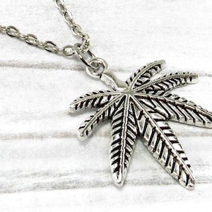 Cannabis Marijuana Leaf Pendant, Antique Silver Tone, Hemp Leaf Pendant, Weed Necklace, Boho Jewelry, Men's Necklace, Women's Necklace