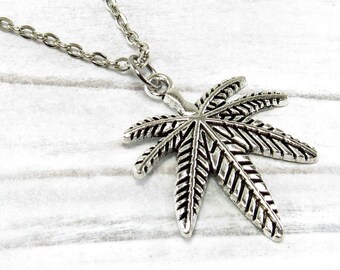 Cannabis Marijuana Leaf Pendant, Antique Silver Tone, Hemp Leaf Pendant, Weed Necklace, Boho Jewelry, Men's Necklace, Women's Necklace