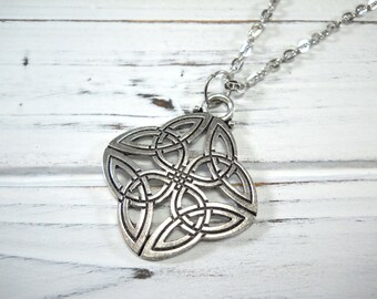 Rhombus Celtic Knot Pendant, Antique Silver Tone, Men's or Women's Necklace, Antique Silver Chain, Faux Leather Cord, Suede Leather Cord