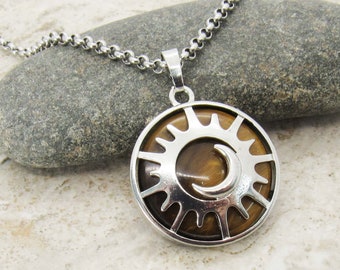 Sun & Moon with Tiger's Eye Pendant Necklace, Men's Gemstone Necklace, Tiger's Eye Pendant Necklace, Women's Necklace, Celestial Jewelry