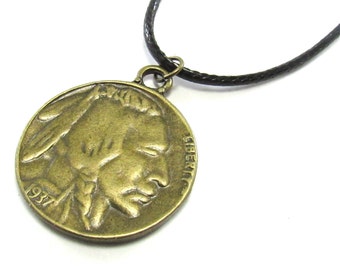 Bronze Indian Head / Buffalo Coin Pendant Necklace, Coin Jewelry, Native American Coin Pendant, Men's Necklace, Women's Necklace