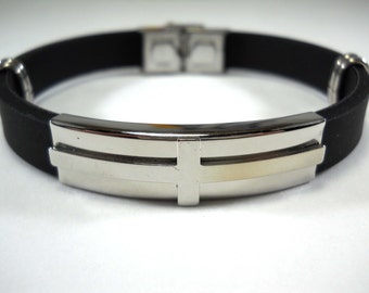 Black Silicone and 304 Stainless Steel Cross Pattern 8 1/2" Men's Bracelet, Gift for Men, Fashion Bracelet, Men's Jewelry