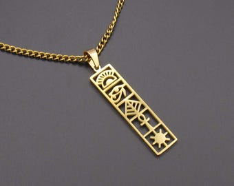 Stainless Steel Gold Tone Ancient Egyptian Hieroglyphics Charm Pendant, Men's Necklace, Hypo Allergenic Jewelry, Woman's Necklace