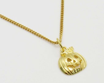 Gold Tone Halloween Pumpkin Charm Pendant Necklace, Halloween Jewelry, Pumpkin Pendant Necklace, Women's Necklace, Men's Necklace